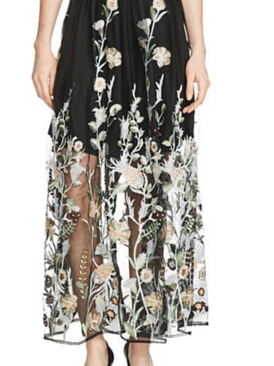Maje Black Mesh Tulle Midi Maxi Floral Embroidery Skirt - Sz 1